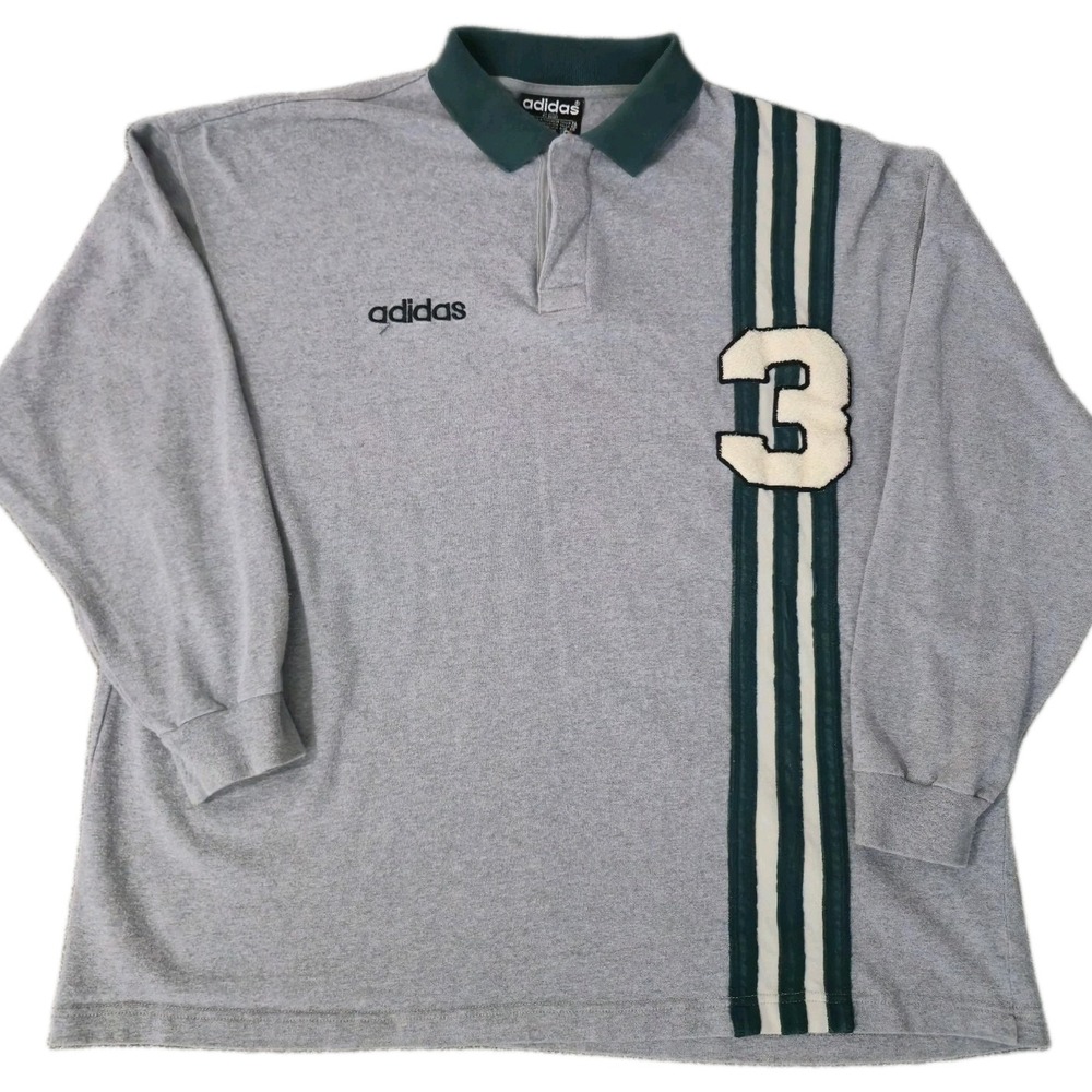VTG 90s Adidas Long-Sleeve Rugby Polo Shirt #3 Men's XL Green Striped Soccer